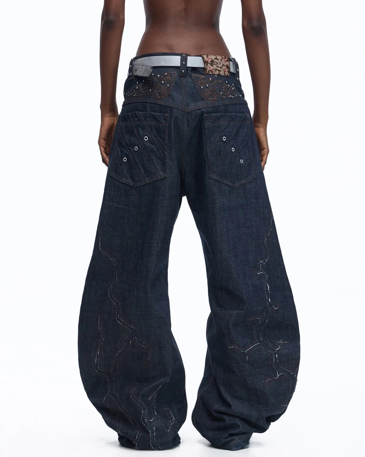 Personsoul Patchwork-Embroidered Raw Denim Scimitar Pants