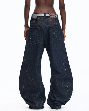 Personsoul Patchwork-Embroidered Raw Denim Scimitar Pants