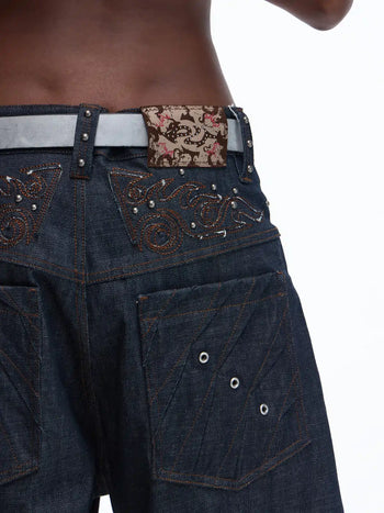 Personsoul Patchwork-Embroidered Raw Denim Curved Pants Detail