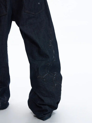 Personsoul Patchwork-Embroidered Raw Denim Curved Pants Detail