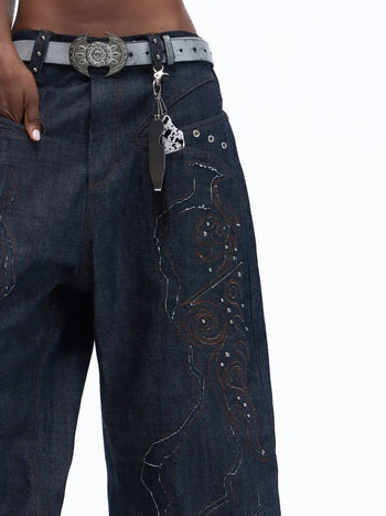 Personsoul Patchwork-Embroidered Raw Denim Curved Pants Detail