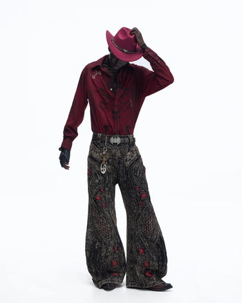 Personsoul Vintage Wine Red Shirt with Totem Print