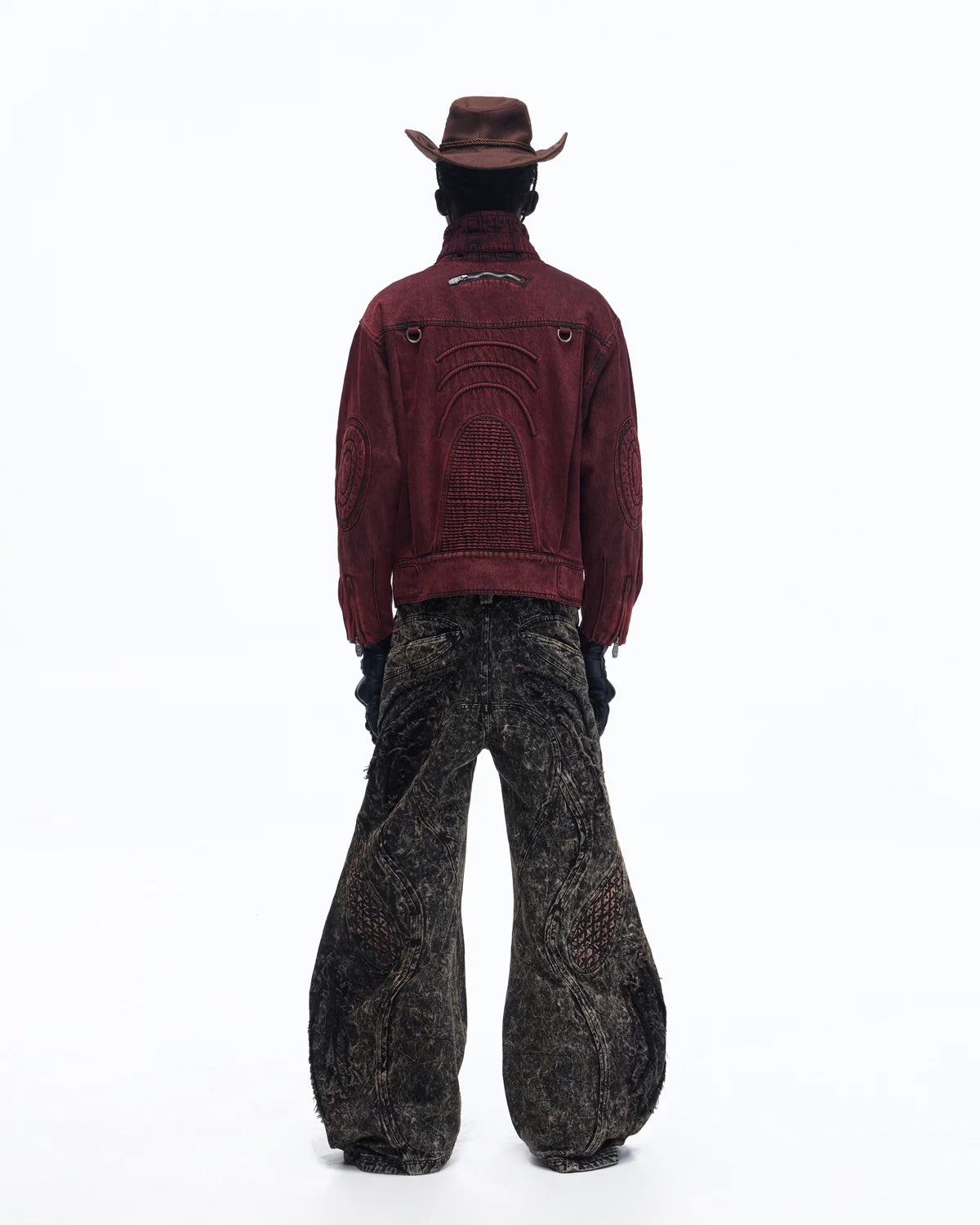 Personsoul Embroidered Stand-Collar Washed Denim Jacket