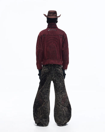 Personsoul Embroidered Stand-Collar Washed Denim Jacket