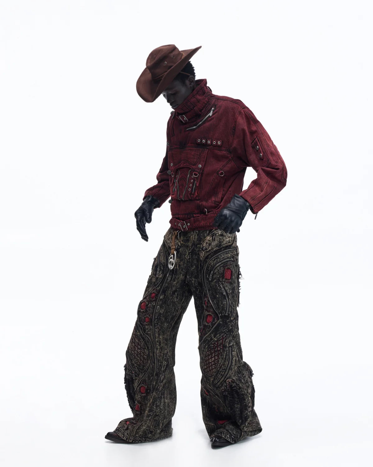 Personsoul Embroidered Stand-Collar Washed Denim Jacket