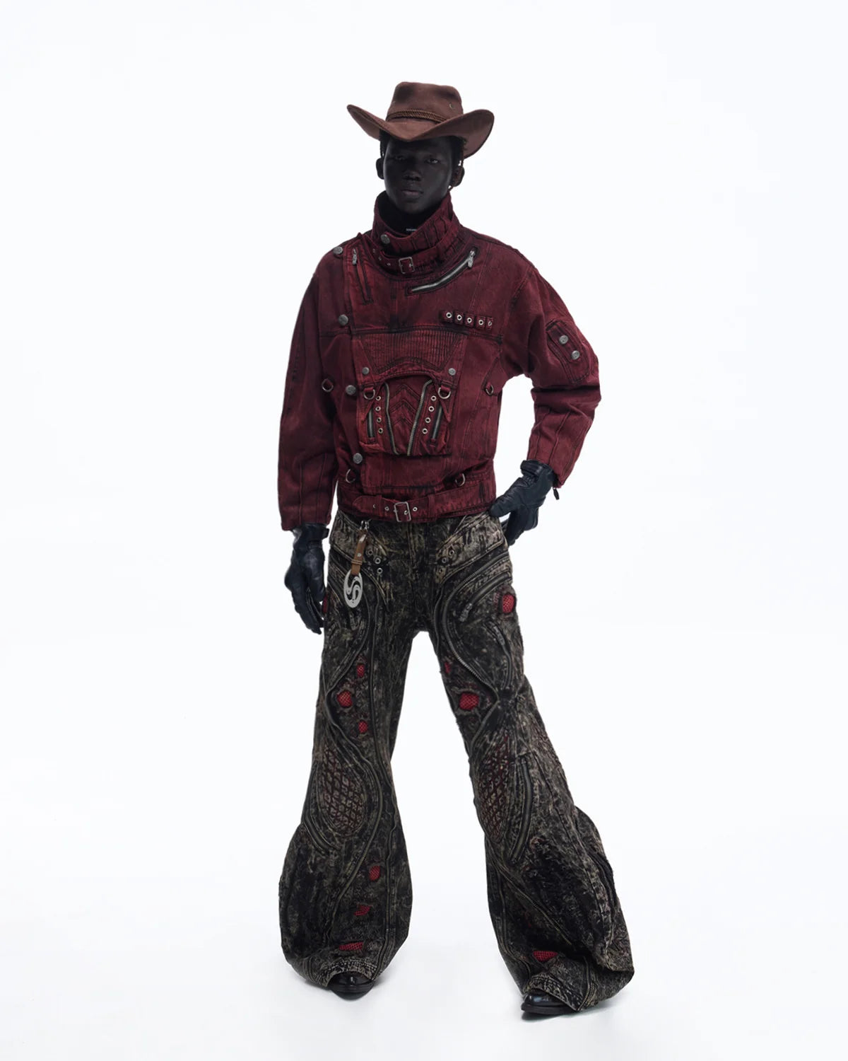 Personsoul Embroidered Stand-Collar Washed Denim Jacket