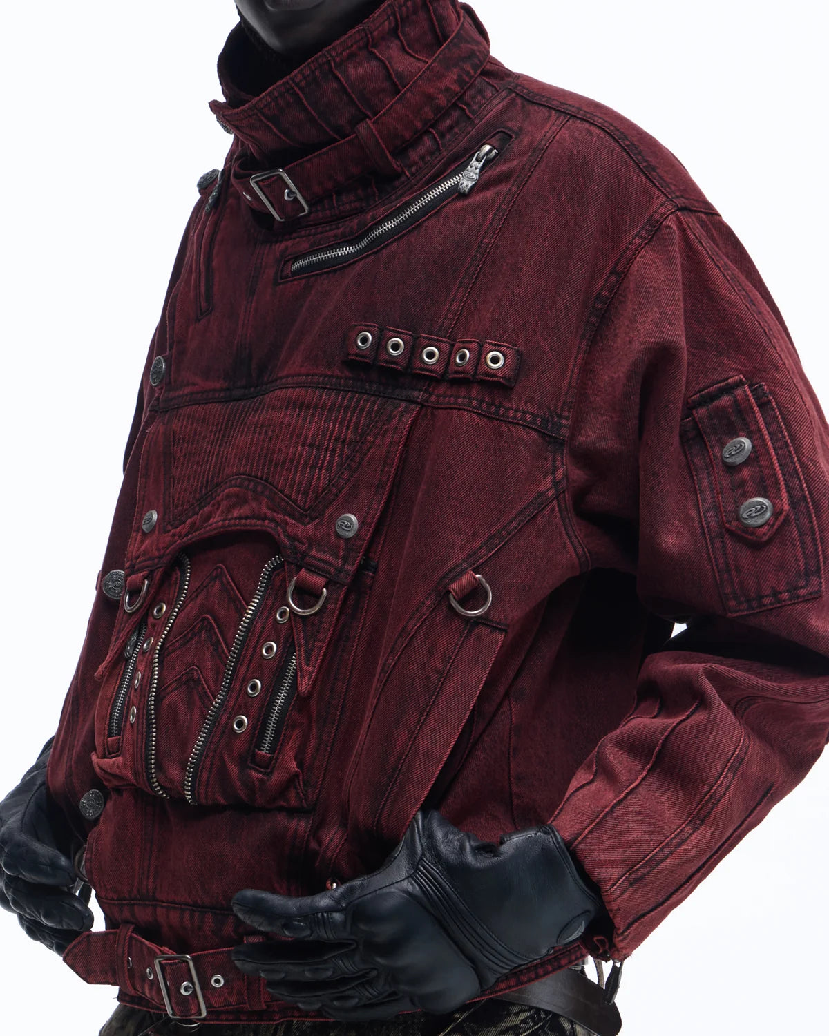 Personsoul Embroidered Stand-Collar Washed Denim Jacket