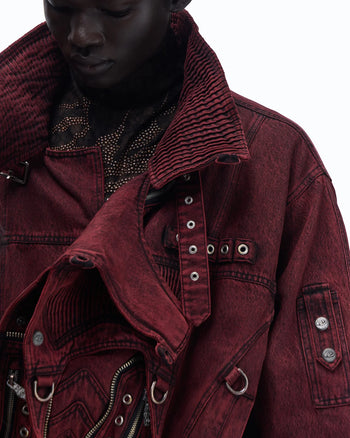 Personsoul Embroidered Stand-Collar Washed Denim Jacket