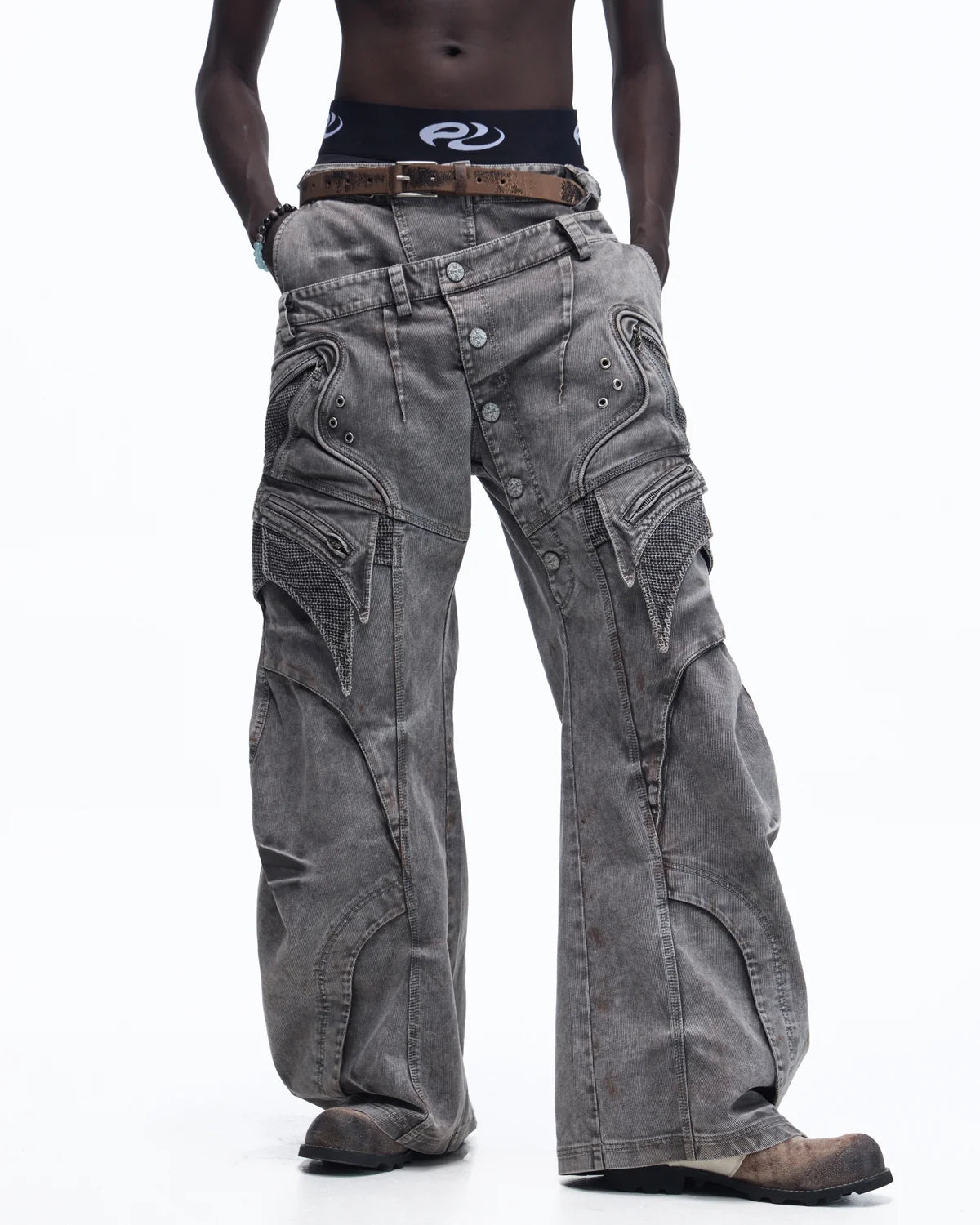 Personsoul Mock Double-Waist Wide-Leg Cargo Pants