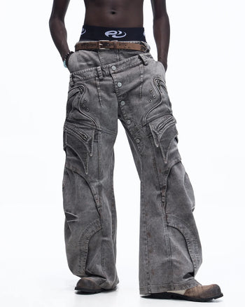 Personsoul Mock Double-Waist Wide-Leg Cargo Pants