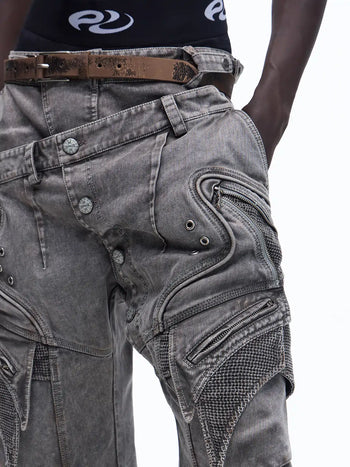 Personsoul Mock Double-Waist Wide-Leg Cargo Pants detail
