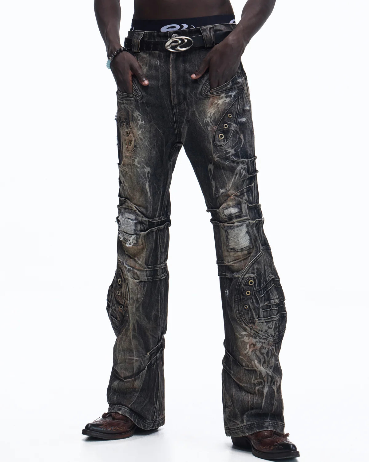 Personsoul Snake-Pattern Totem Slim-Fit Jeans