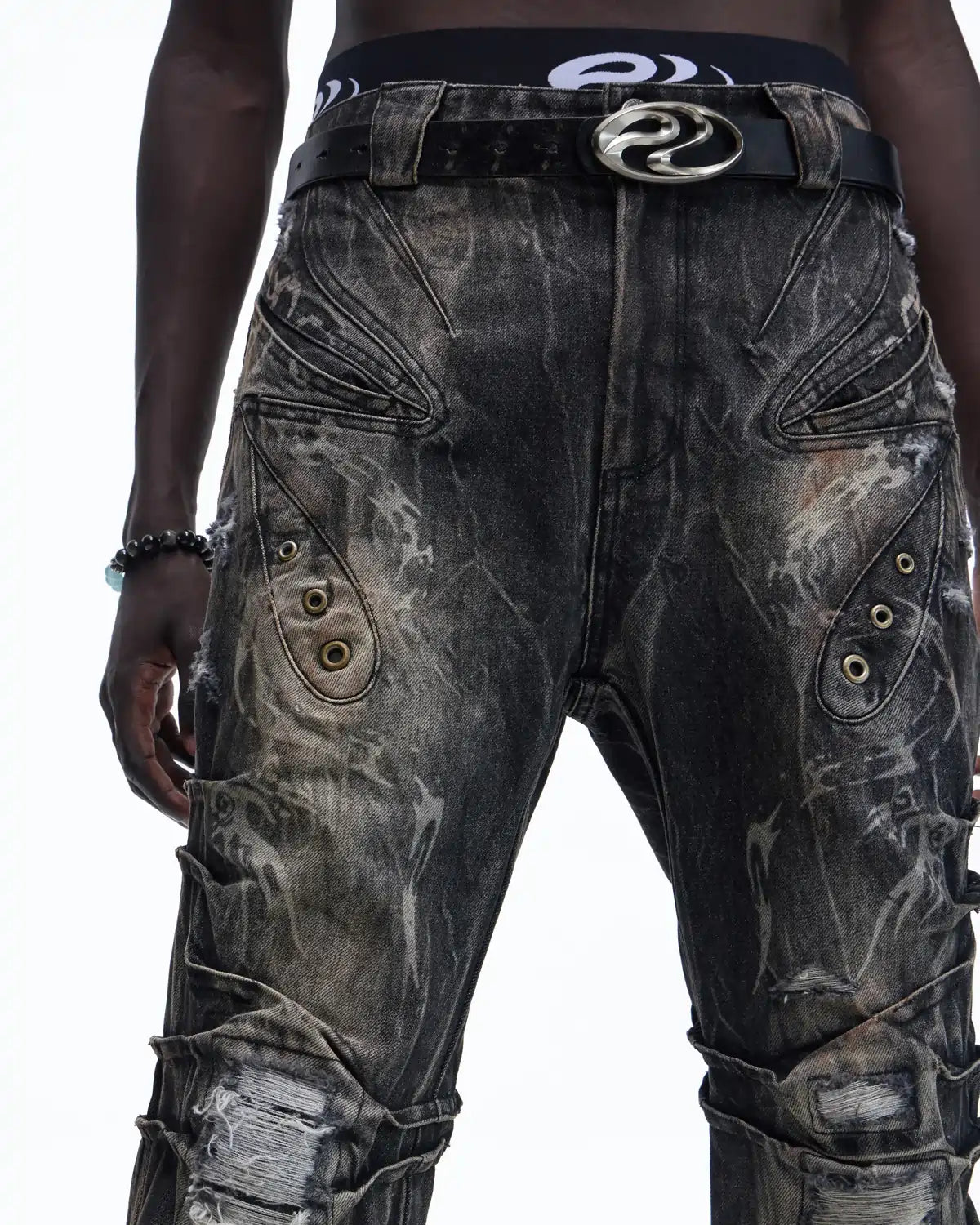 Personsoul Snake-Pattern Totem Slim-Fit Jeans