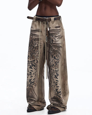 Personsoul Distressed Tiger-Pattern Totem Sweatpants