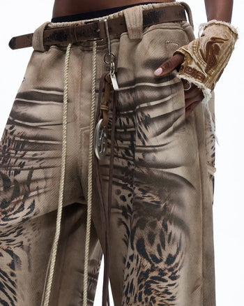 Personsoul Distressed Tiger-Pattern Totem Sweatpants