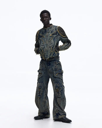 Personsoul Tiger Print Racing Denim Jacket