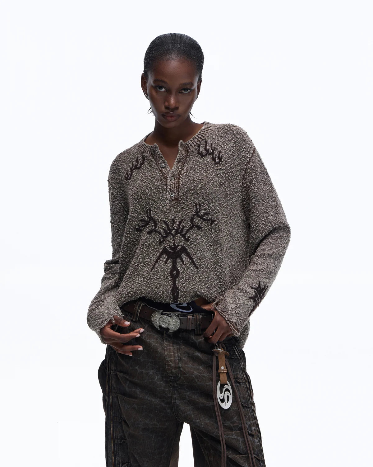 Personsoul Pom-Pom Long-Sleeve Henley Shirt