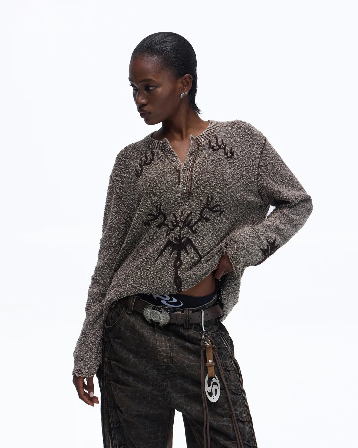 Personsoul Pom-Pom Long-Sleeve Henley Shirt