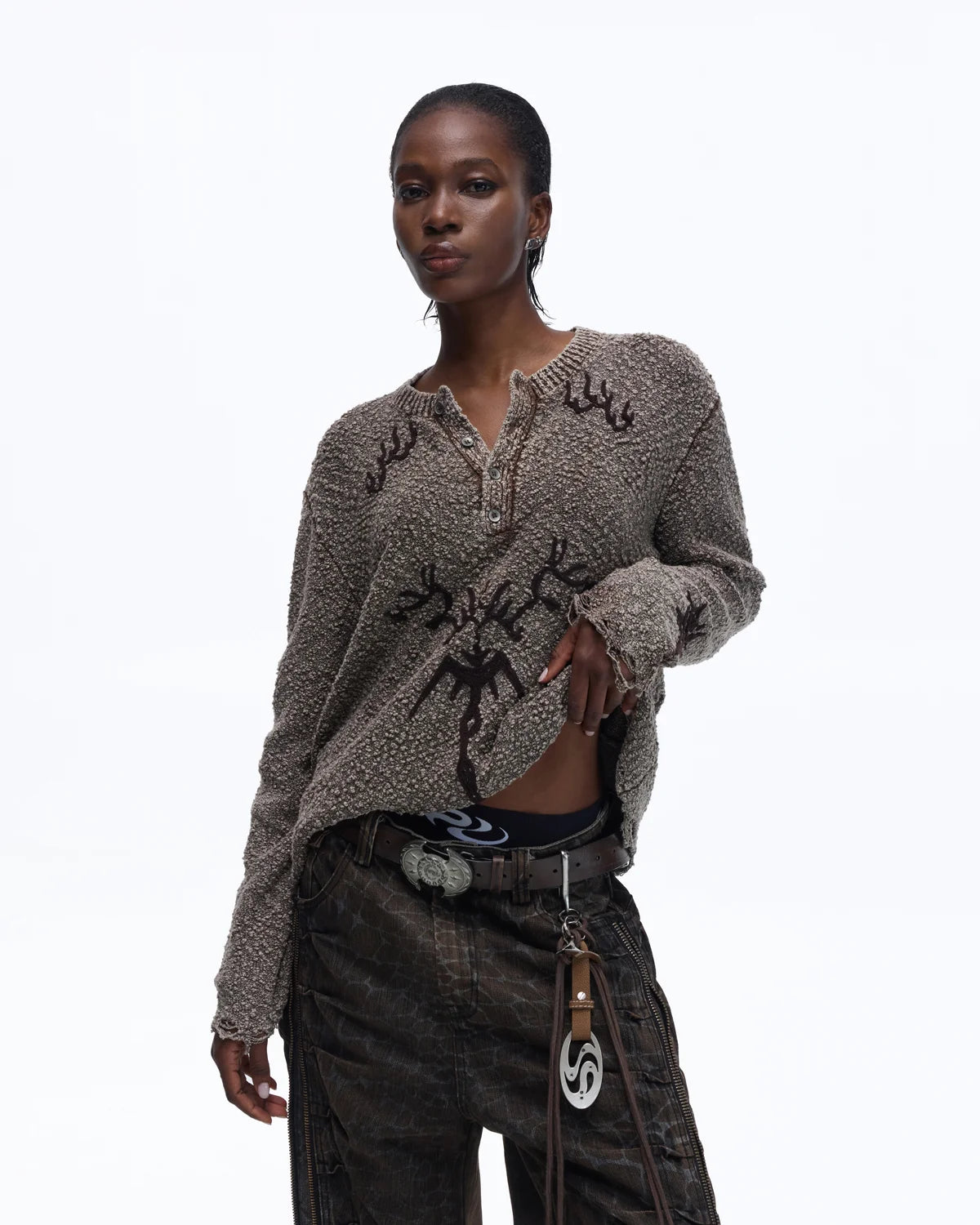 Personsoul Pom-Pom Long-Sleeve Henley Shirt