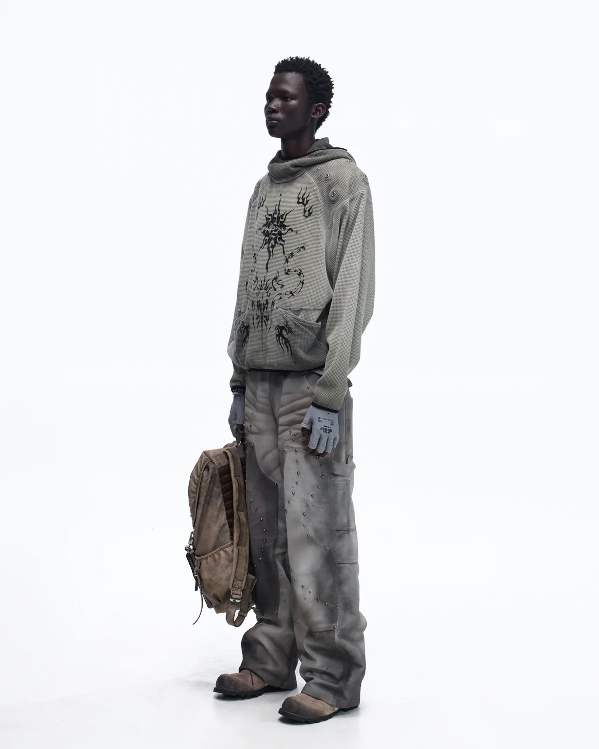 Personsoul Distressed Nubuck & Cowhide with Mushroom Studs Pants