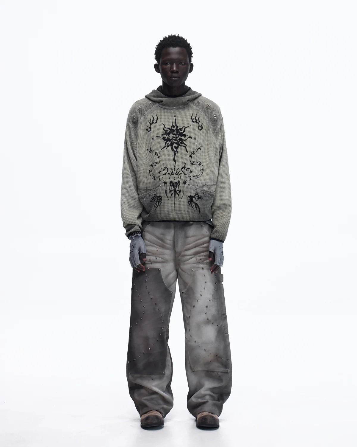 Personsoul Distressed Nubuck & Cowhide with Mushroom Studs Pants
