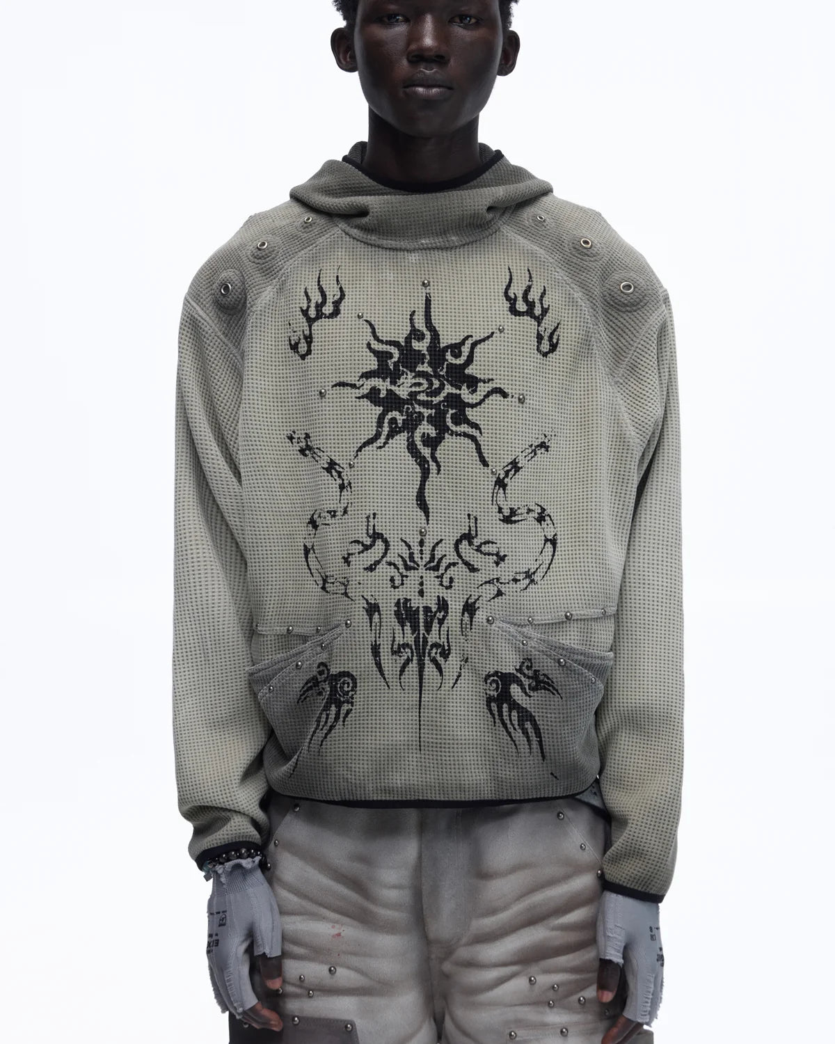 Personsoul Solar Totem Textured Plaid Hooded Sweatshirt