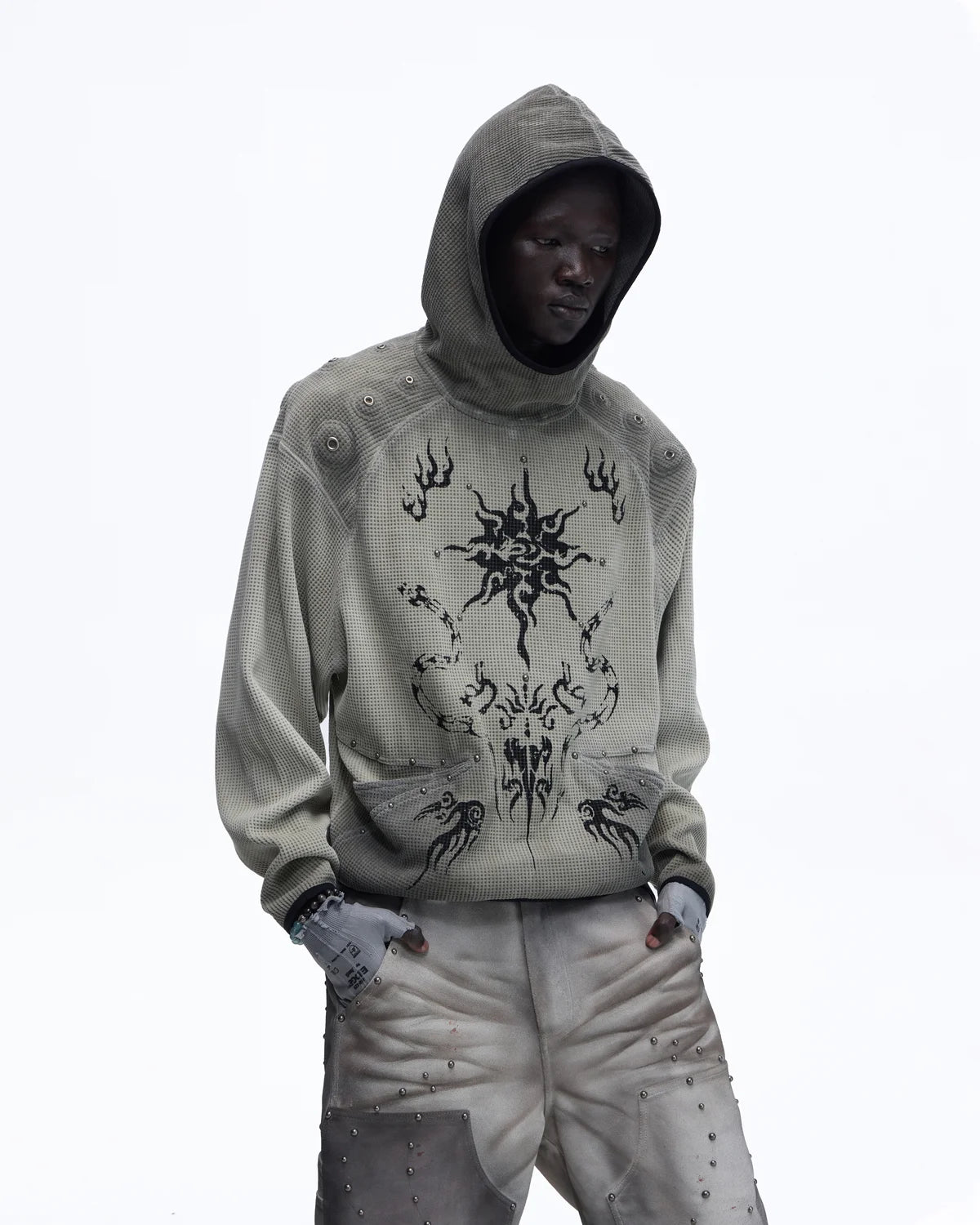 Personsoul Solar Totem Textured Plaid Hooded Sweatshirt