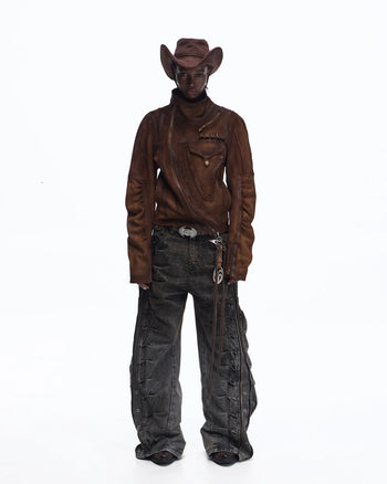 Personsoul Distressed Croc-Embossed Suede Short Jacket