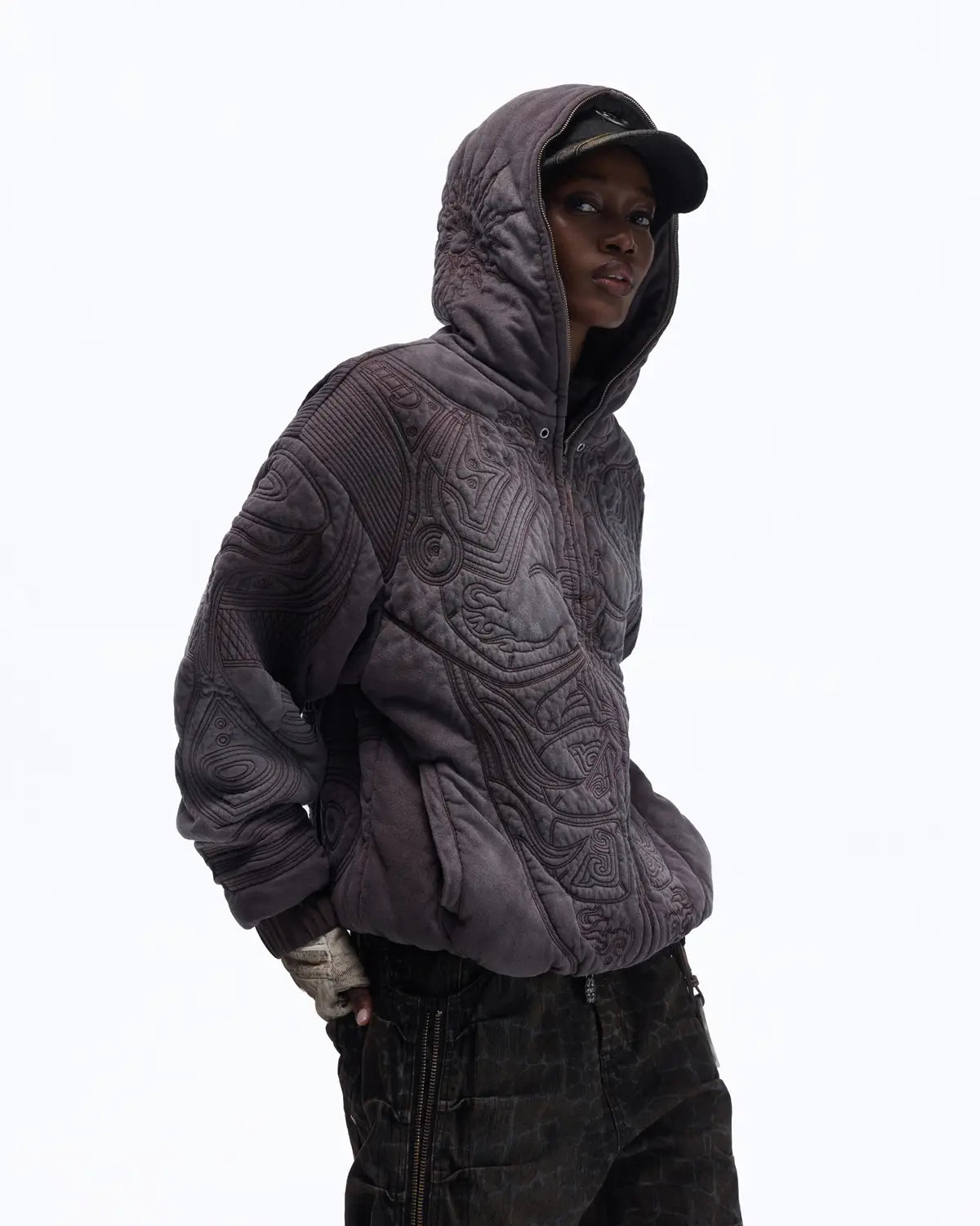 Personsoul Textured Full-Zip Hoodie with Chinese Motif Embroidery