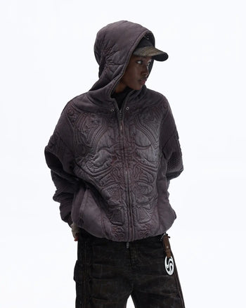 Personsoul Textured Full-Zip Hoodie with Chinese Motif Embroidery