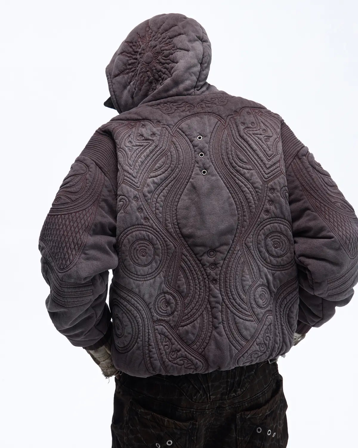 Personsoul Textured Full-Zip Hoodie with Chinese Motif Embroidery