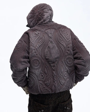 Personsoul Textured Full-Zip Hoodie with Chinese Motif Embroidery