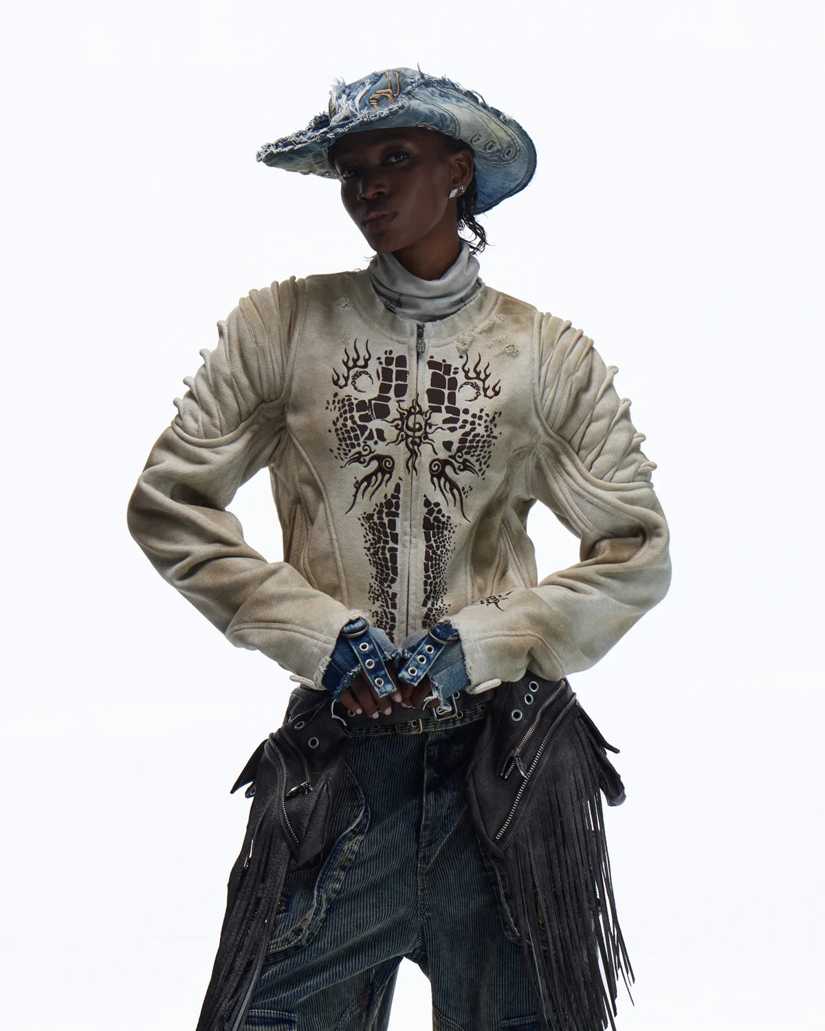 Personsoul Crocodile-print Slim-fit Cropped Jacket