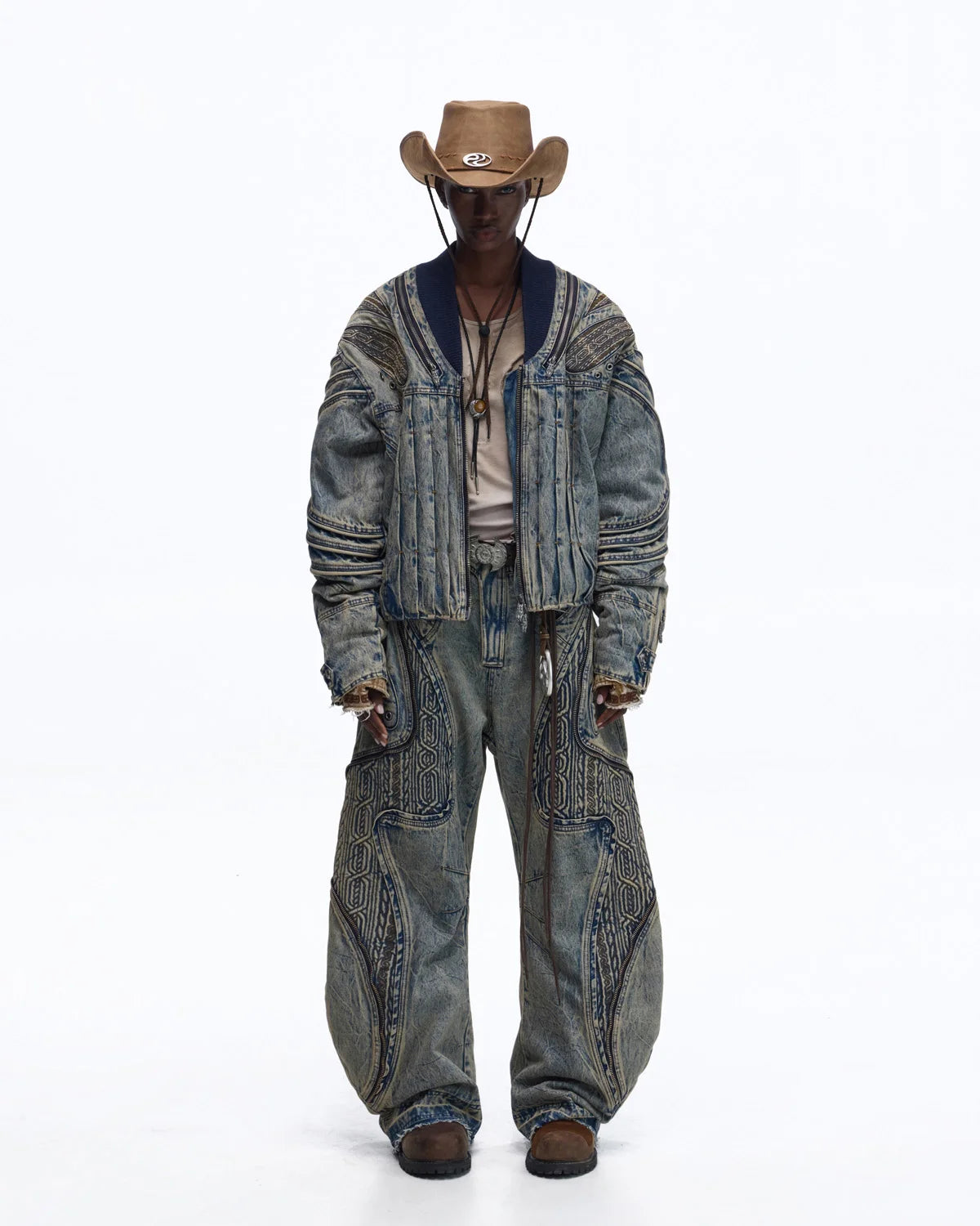 Personsoul Patchwork Ribbed Knit Embroidered Denim Jacket