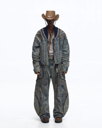 Personsoul Patchwork Ribbed Knit Embroidered Denim Jacket