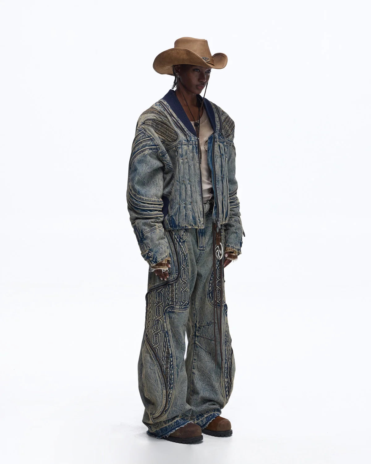 Personsoul Patchwork Ribbed Knit Embroidered Denim Jacket