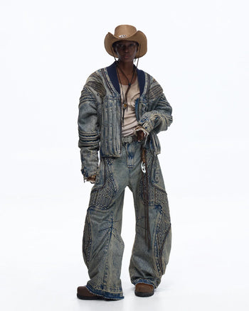 Personsoul Patchwork Ribbed Knit Embroidered Denim Jacket