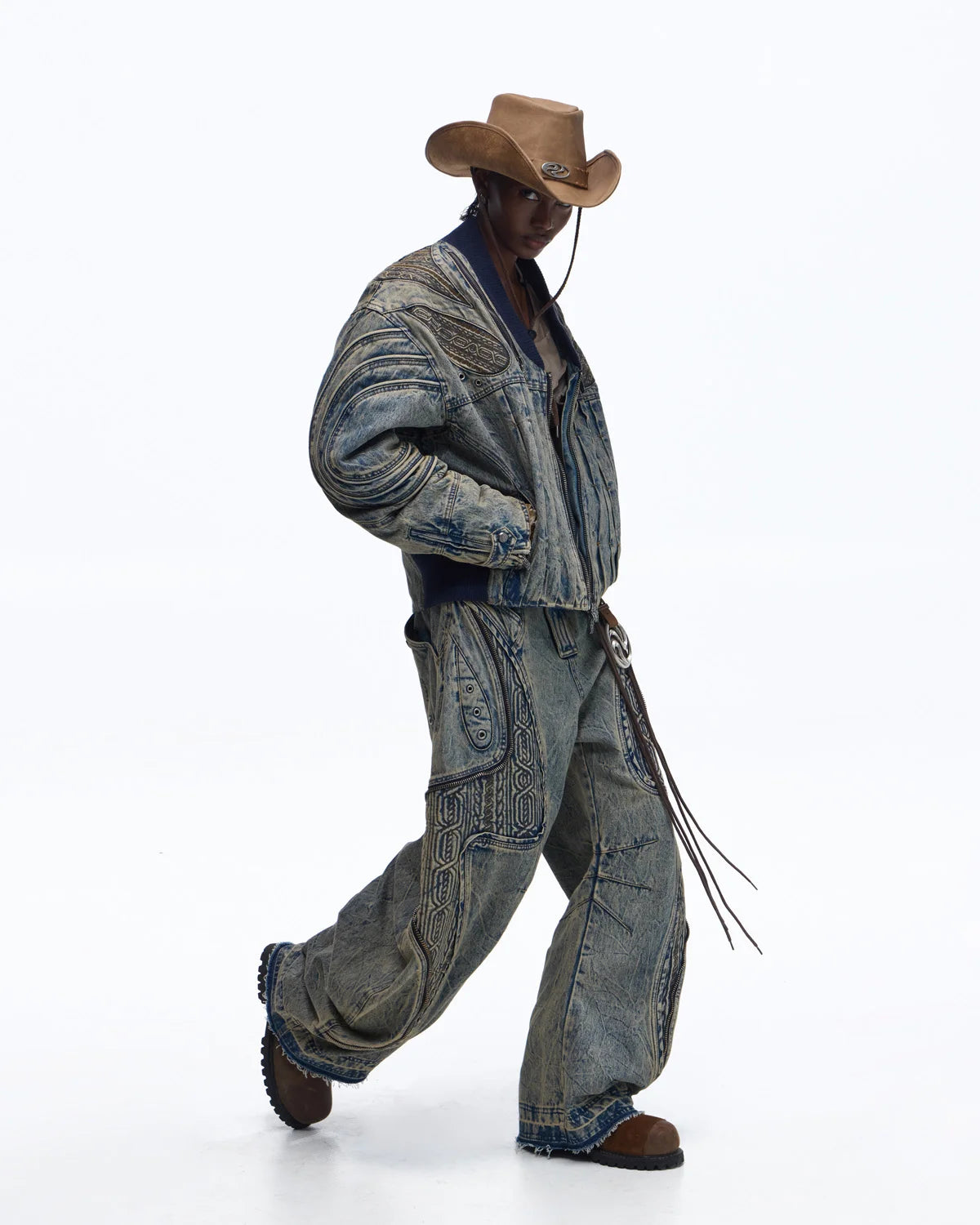 Personsoul Patchwork Ribbed Knit Embroidered Denim Jacket