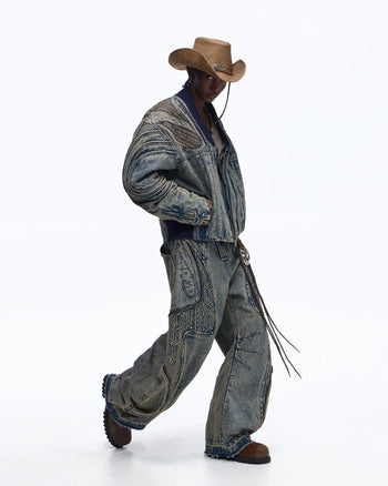 Personsoul Patchwork Ribbed Knit Embroidered Denim Jacket