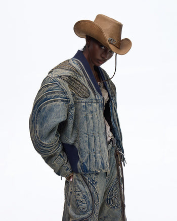 Personsoul Patchwork Ribbed Knit Embroidered Denim Jacket