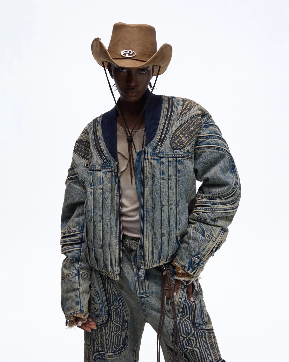 Personsoul Patchwork Ribbed Knit Embroidered Denim Jacket