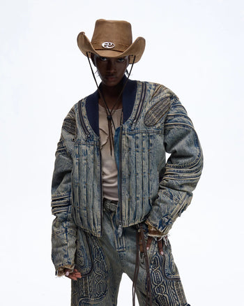 Personsoul Patchwork Ribbed Knit Embroidered Denim Jacket