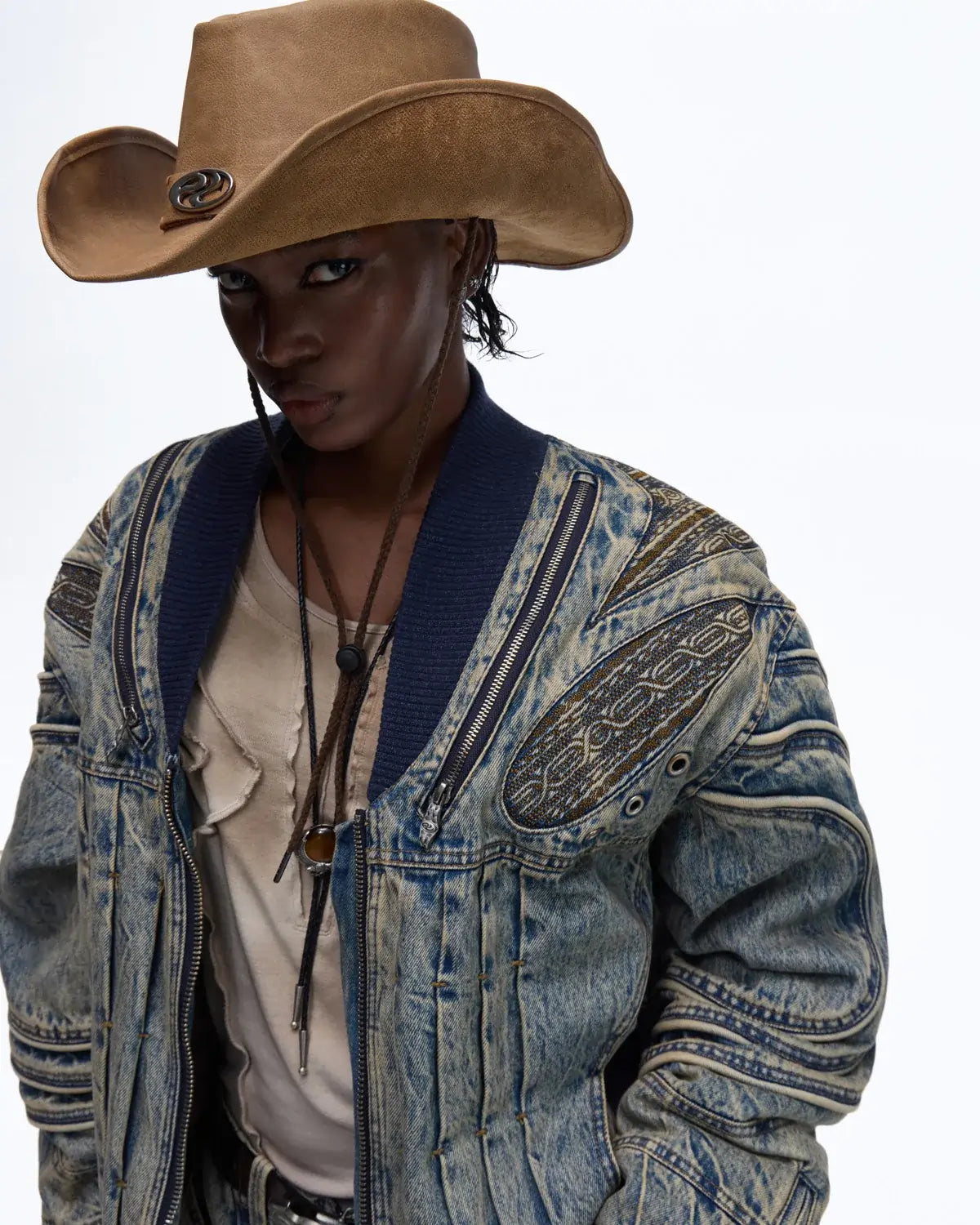 Personsoul Patchwork Ribbed Knit Embroidered Denim Jacket