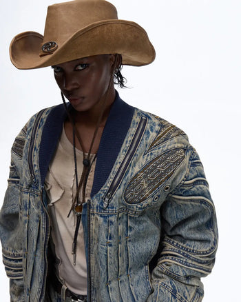 Personsoul Patchwork Ribbed Knit Embroidered Denim Jacket