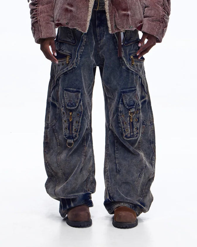 Personsoul Vintage Washed Corduroy Wide-Leg Pants with Belt