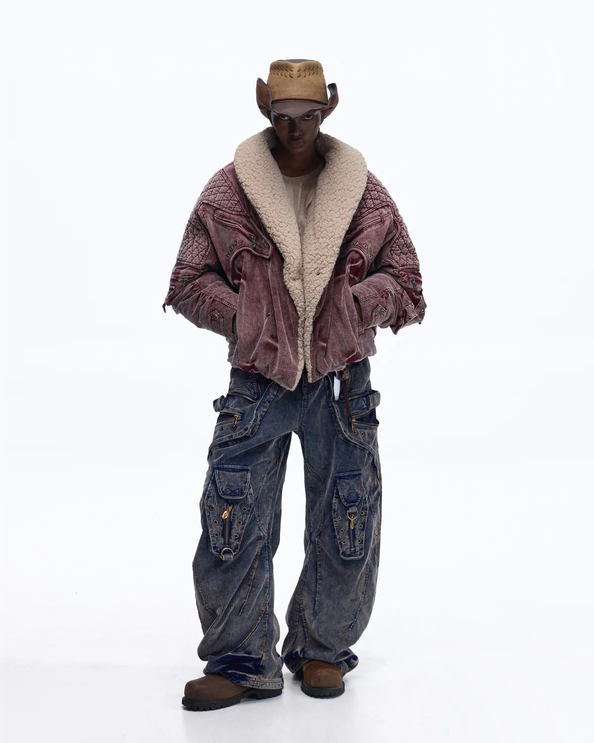 Personsoul Vintage Washed Corduroy Wide-Leg Pants with Belt