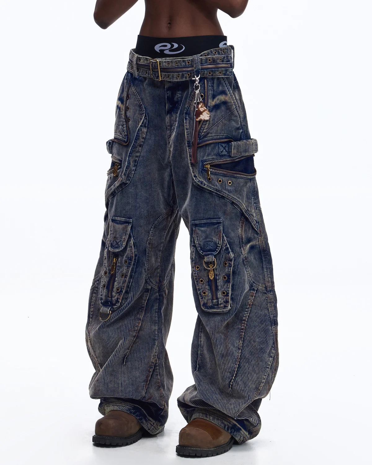 Personsoul Vintage Washed Corduroy Wide-Leg Pants with Belt