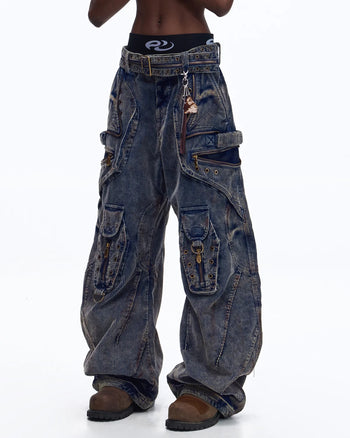 Personsoul Vintage Washed Corduroy Wide-Leg Pants with Belt