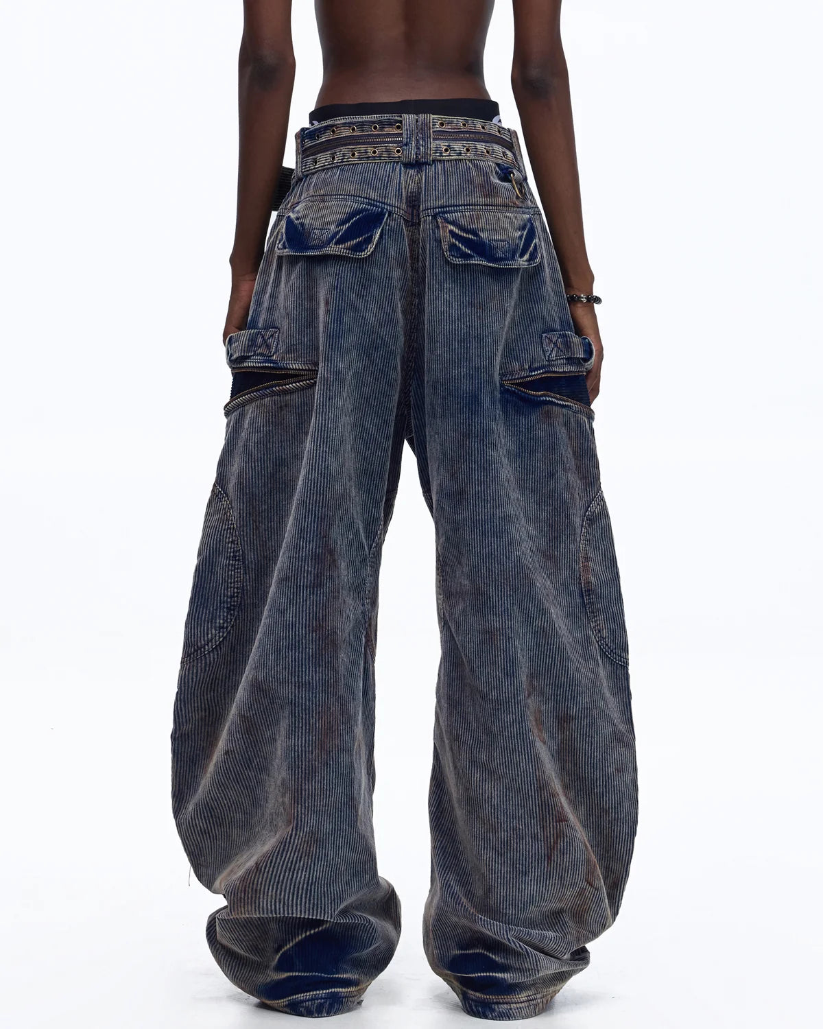 Personsoul Vintage Washed Corduroy Wide-Leg Pants with Belt