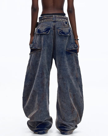 Personsoul Vintage Washed Corduroy Wide-Leg Pants with Belt